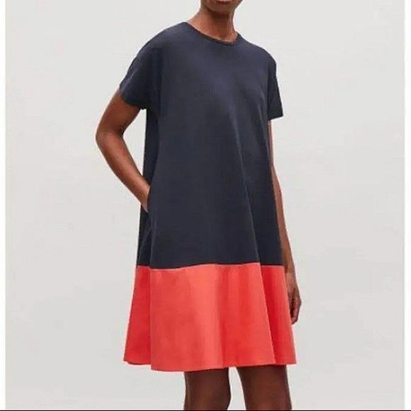 COS navy orange jersey cotton swing colorblock short sleeve cotton dress M - Picture 1 of 10